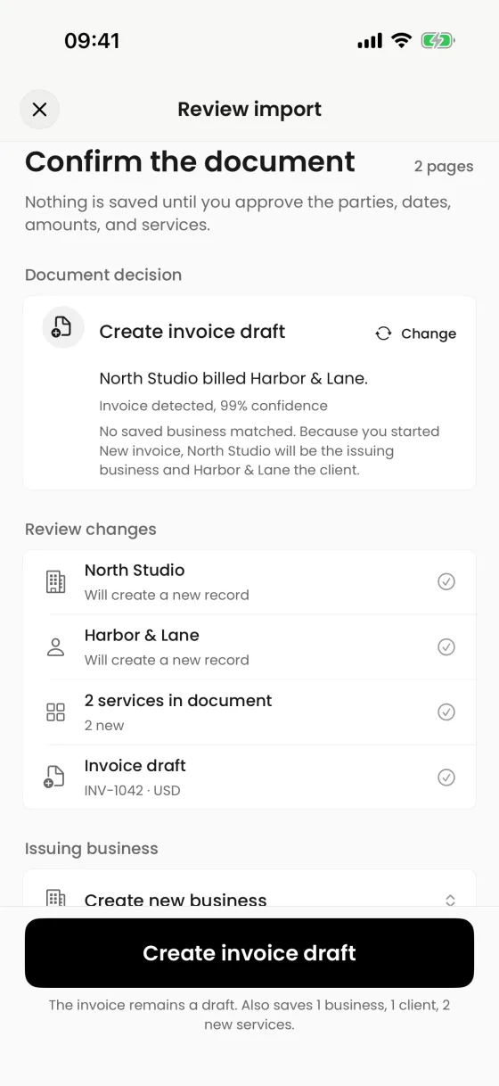 AI invoice import review screen on iPhone