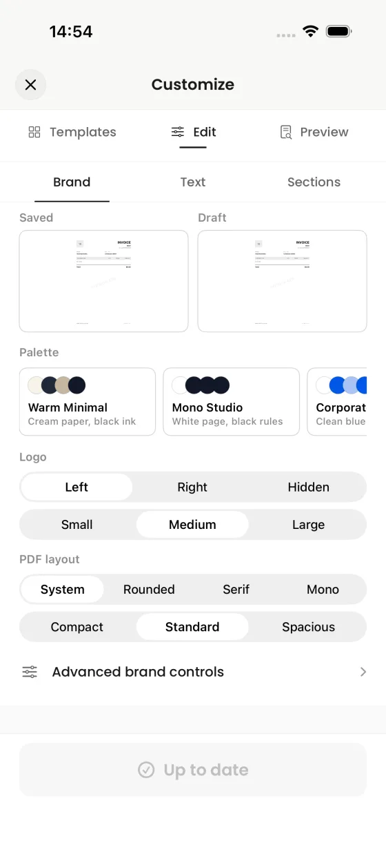 Invoices app on iPhone showing template, palette, and PDF layout customization