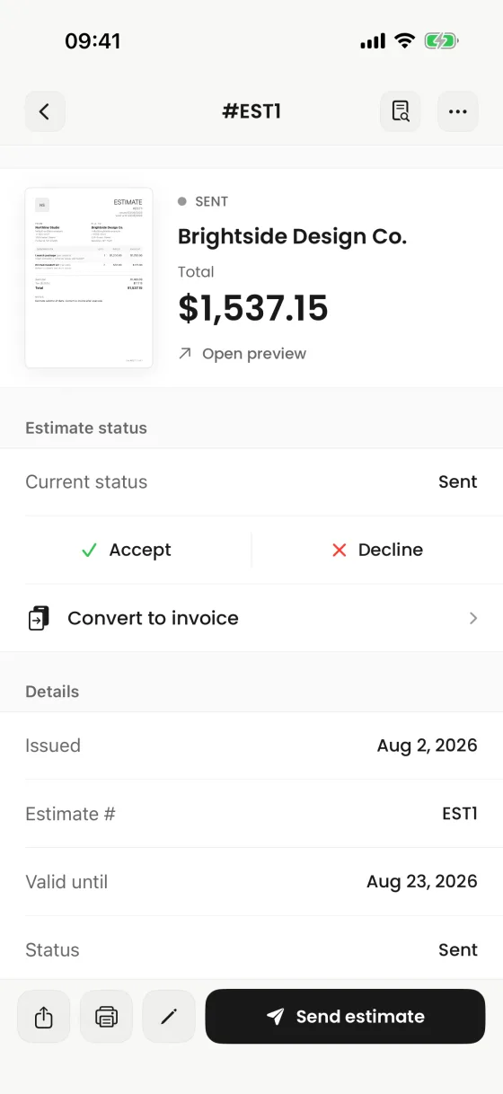 Estimate detail in Invoices with an option to convert the estimate to an invoice