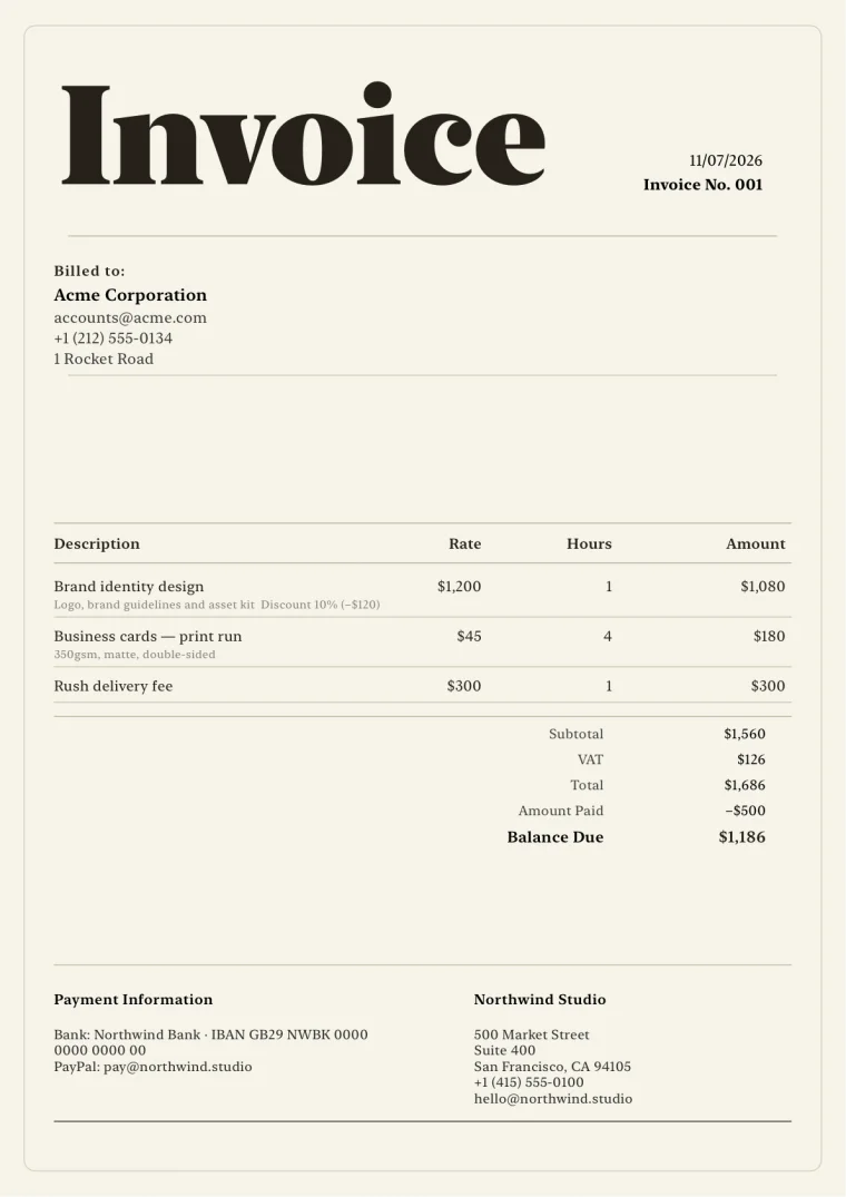 Warm editorial A4 invoice created with Invoices