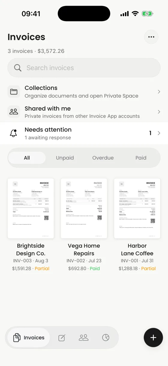 Invoices app for iPhone showing contractor invoices and their current payment status