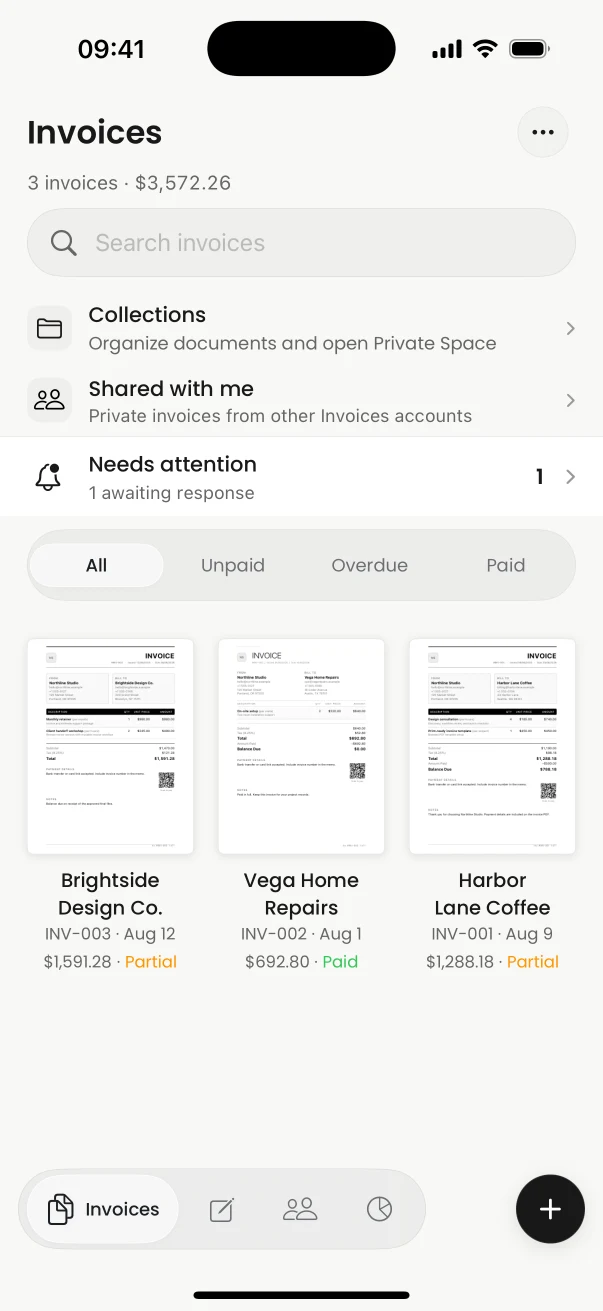 Invoices app on iPhone showing three invoice previews for Brightside Design Co., Vega Home Repairs, and Harbor Lane Coffee