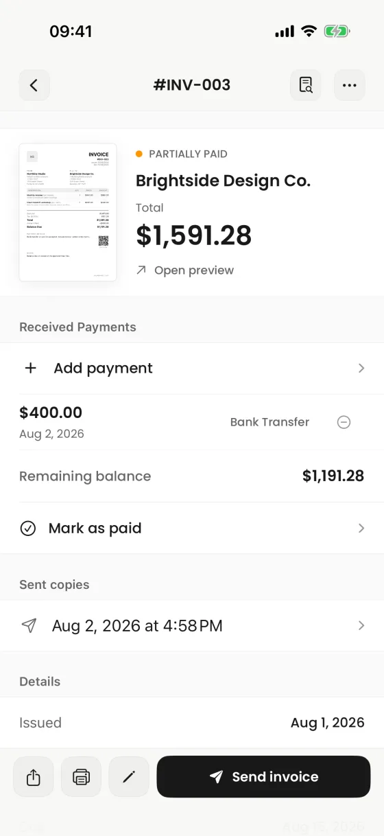 Partially paid invoice with a manual payment history and remaining balance