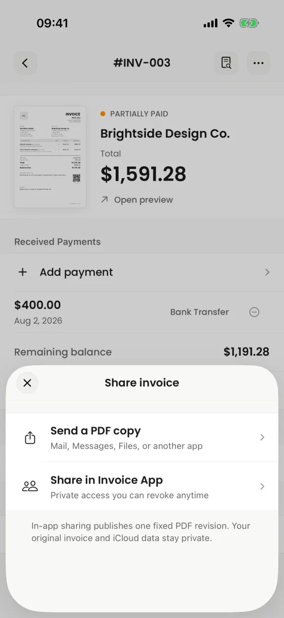 iPhone share options for sending an invoice PDF by AirDrop, email, Messages, or Print