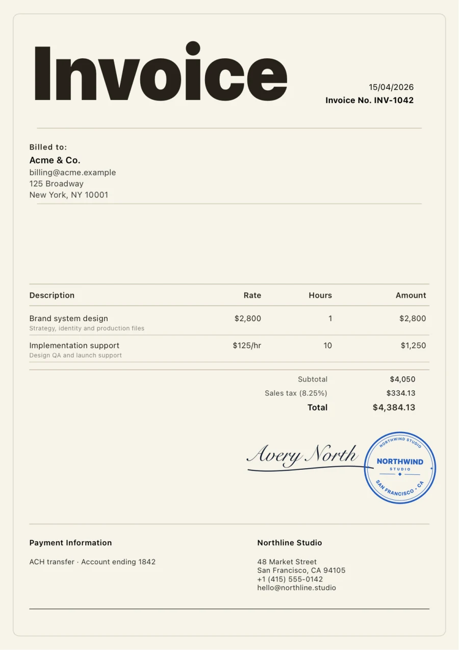 Ivory invoice PDF with a handwritten signature and round Northwind Studio company seal