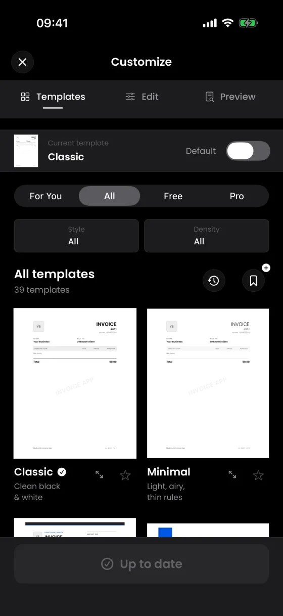 Invoices template gallery on iPhone with multiple editable invoice designs