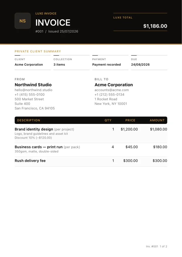 Black and gold luxury invoice template with a premium summary header