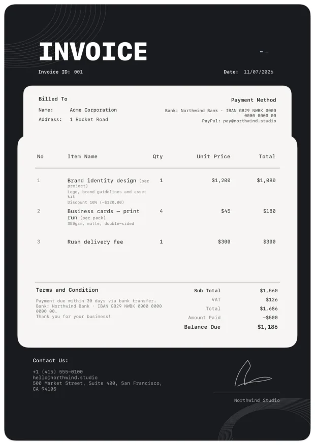 Black and white modern invoice template for creative businesses