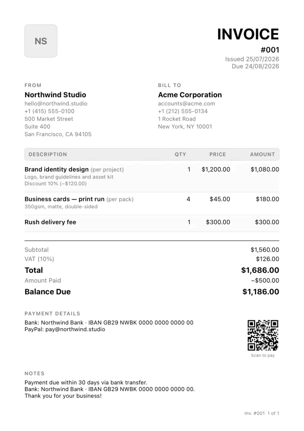 Classic black and white invoice template with a clear balance hierarchy