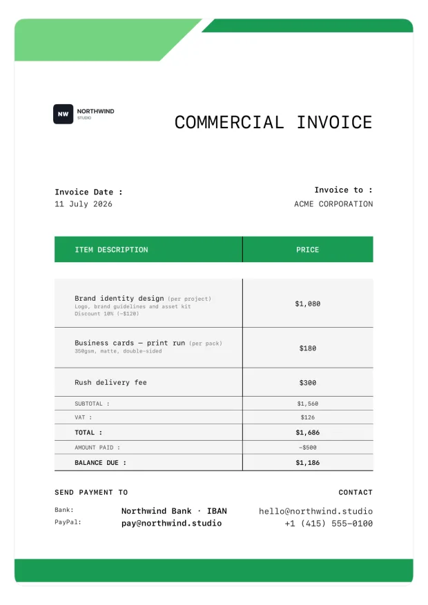Green commercial invoice template with detailed line items