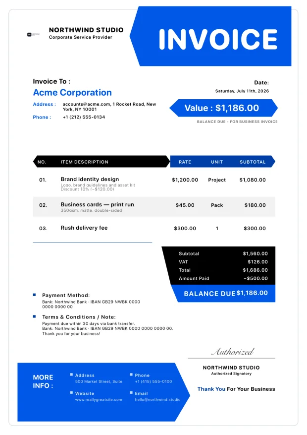 Corporate invoice template with bold blue badge and balance hierarchy