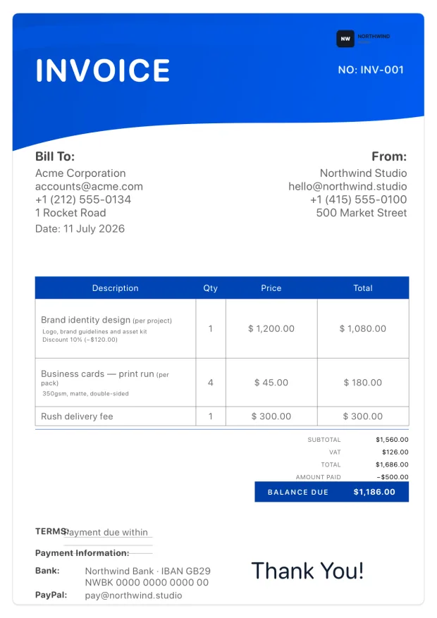 Blue corporate invoice template with structured totals
