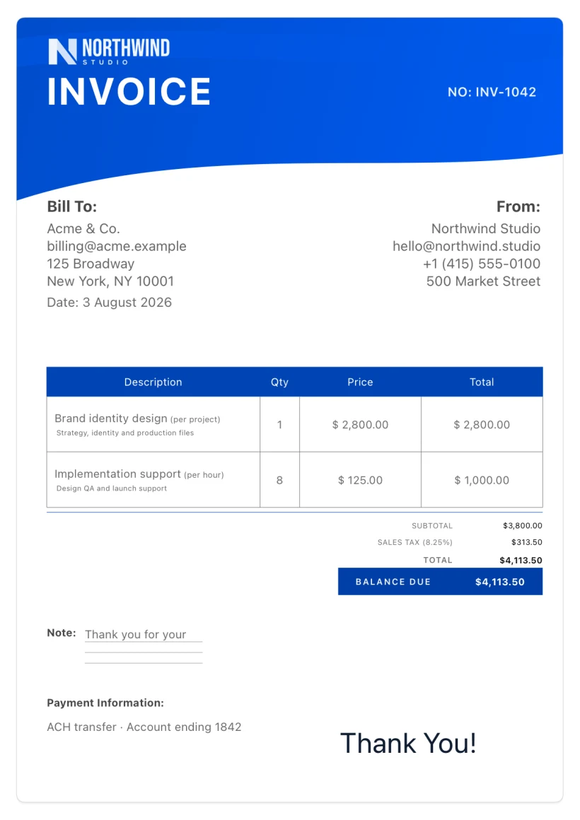 Corporate Blue A4 invoice with the uploaded Northwind Studio logo clearly visible in the header