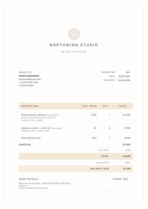 Warm cream invoice template with restrained editorial typography
