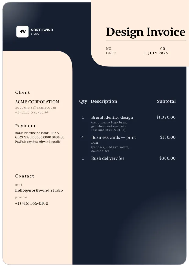 Editorial design service invoice template in navy and beige