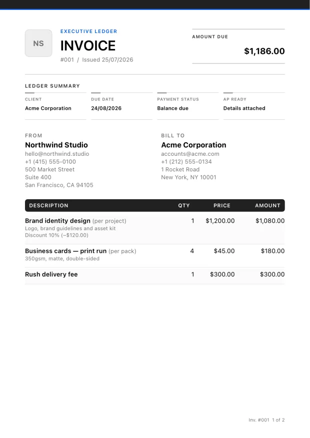 Executive invoice template with a ledger summary and amount due panel