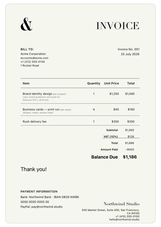 Editorial cream invoice template with refined serif typography
