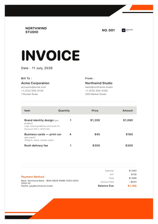 Minimal black and orange modern invoice template