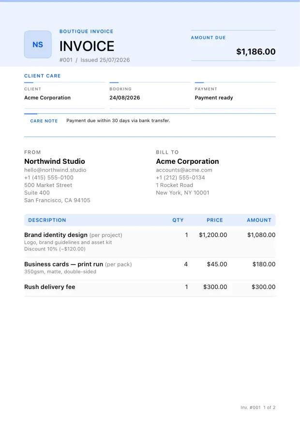 Soft blue boutique invoice template with a client care summary