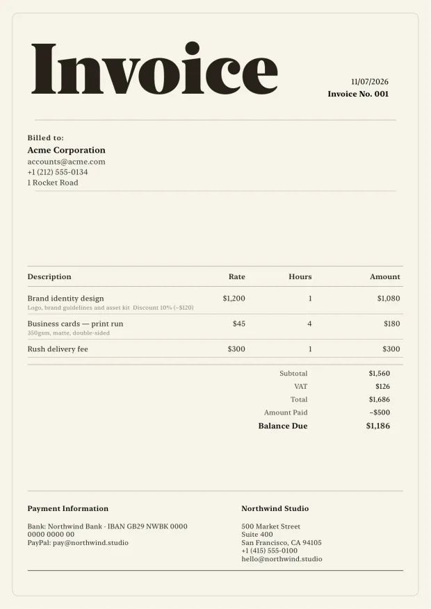 Warm beige professional invoice template with bold type