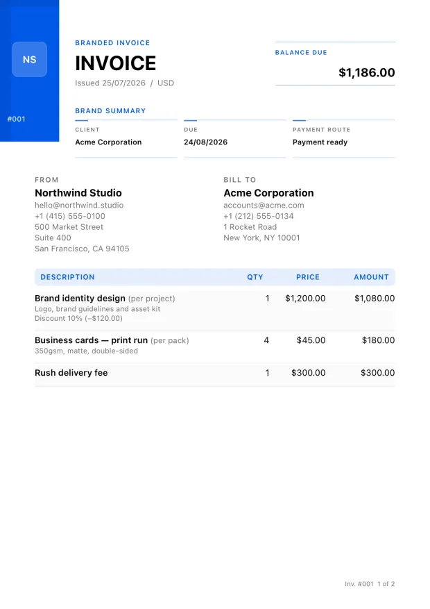 Blue invoice template with a vertical brand rail and structured summary