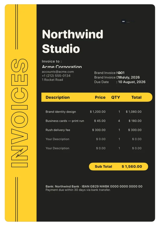 Black and yellow modern invoice template with strong typography
